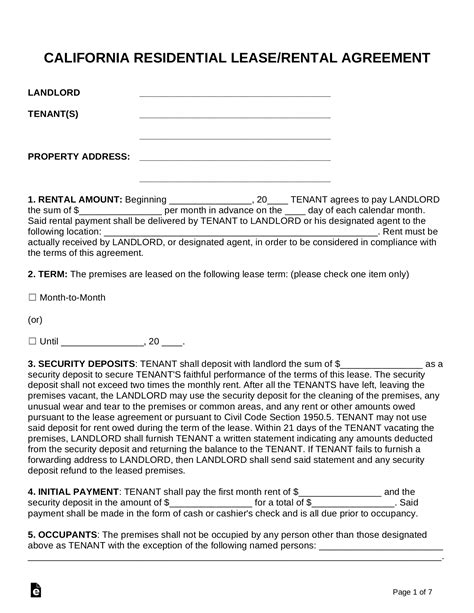 Printable Rental Agreement California